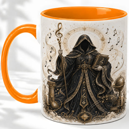 #pl[11oz|Orange] Mystic Music Ceramic Coffee Cup, Mug with Hooded Figure Artwork