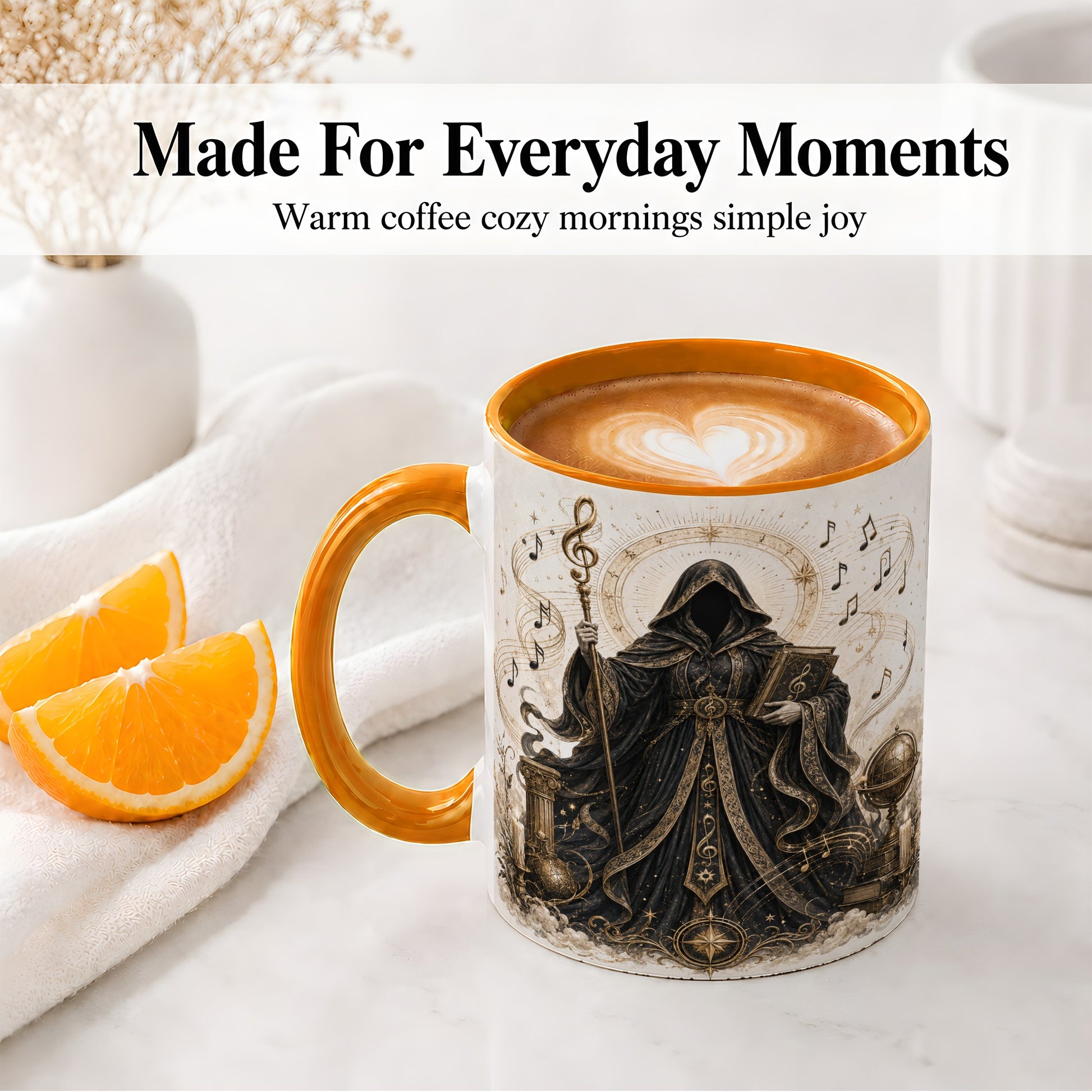 #pl[11oz|Orange] Mystic Music Ceramic Coffee Cup, Mug with Hooded Figure Artwork