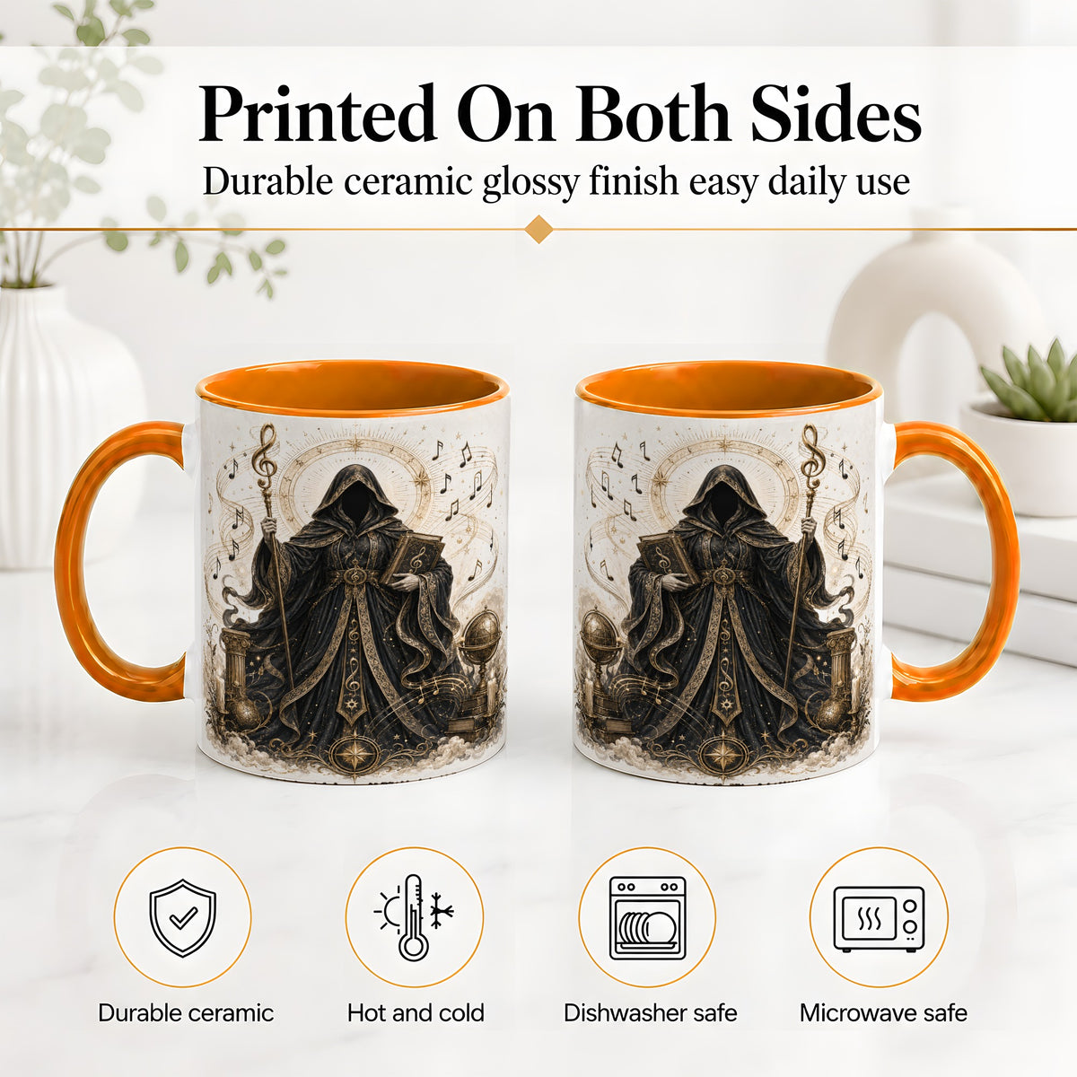 #pl[11oz|Orange] Mystic Music Ceramic Coffee Cup, Mug with Hooded Figure Artwork