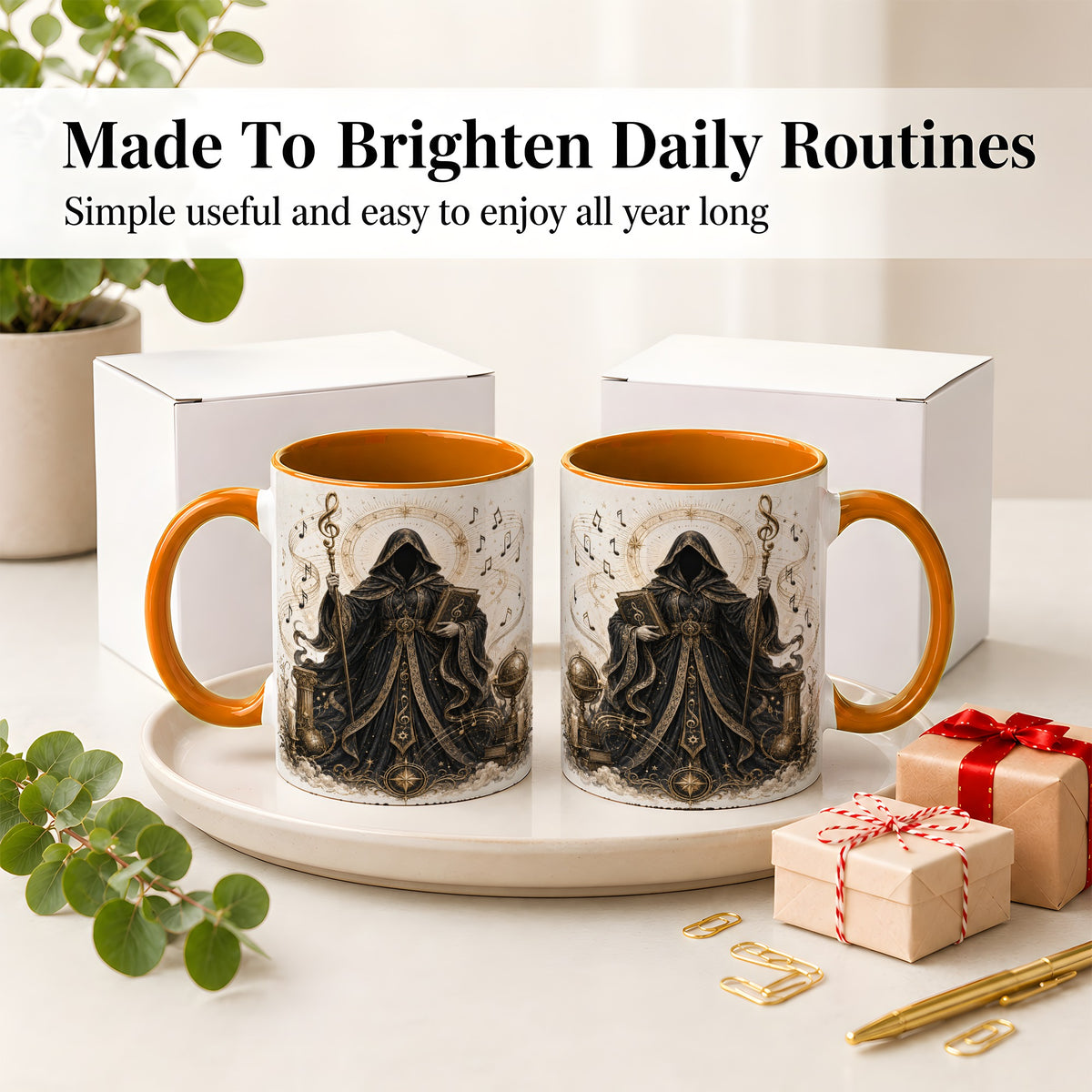 #pl[11oz|Orange] Mystic Music Ceramic Coffee Cup, Mug with Hooded Figure Artwork