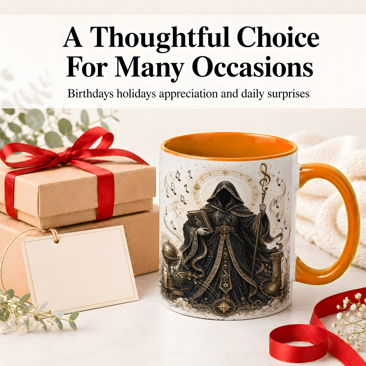 #pl[11oz|Orange] Mystic Music Ceramic Coffee Cup, Mug with Hooded Figure Artwork