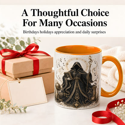 #pl[11oz|Orange] Mystic Music Ceramic Coffee Cup, Mug with Hooded Figure Artwork