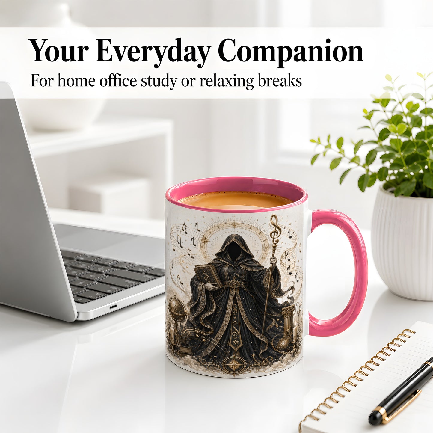 #pl[11oz|Pink] Mystic Music Ceramic Coffee Cup, Mug with Hooded Figure Artwork