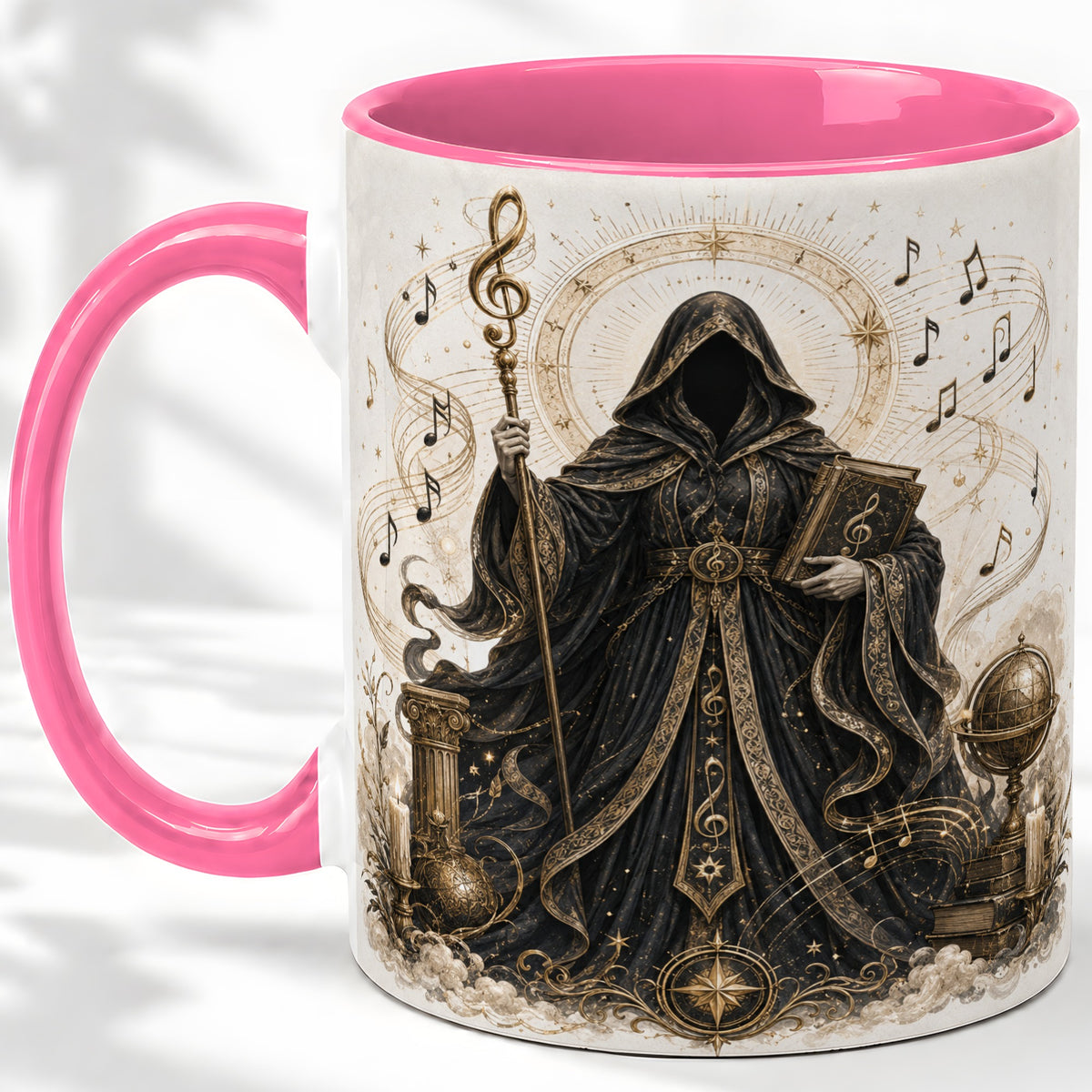 #pl[11oz|Pink] Mystic Music Ceramic Coffee Cup, Mug with Hooded Figure Artwork