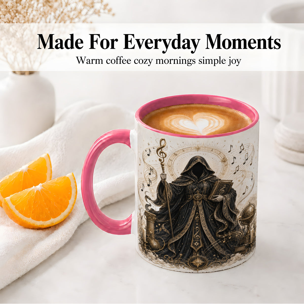 #pl[11oz|Pink] Mystic Music Ceramic Coffee Cup, Mug with Hooded Figure Artwork