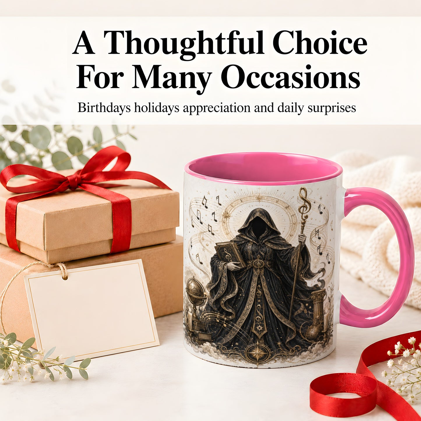 #pl[11oz|Pink] Mystic Music Ceramic Coffee Cup, Mug with Hooded Figure Artwork