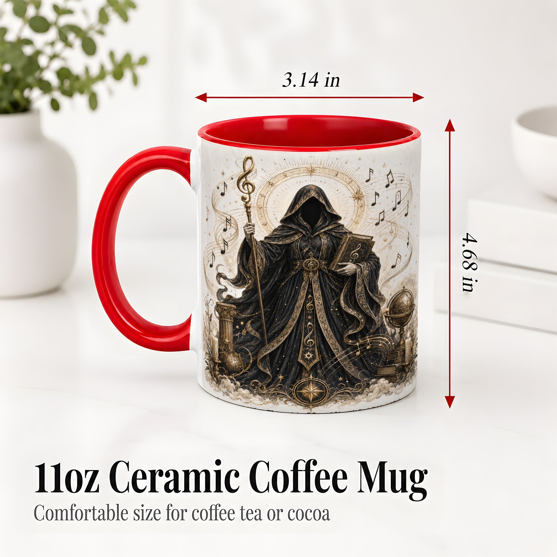 #pl[11oz|Red] Mystic Music Ceramic Coffee Cup, Mug with Hooded Figure Artwork