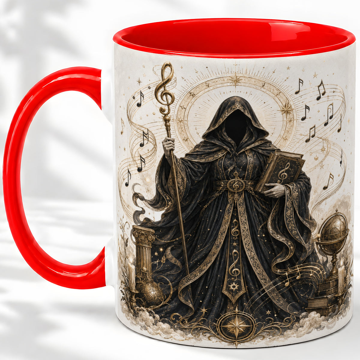 Mystic Music Ceramic Coffee Cup, Mug with Hooded Figure Artwork