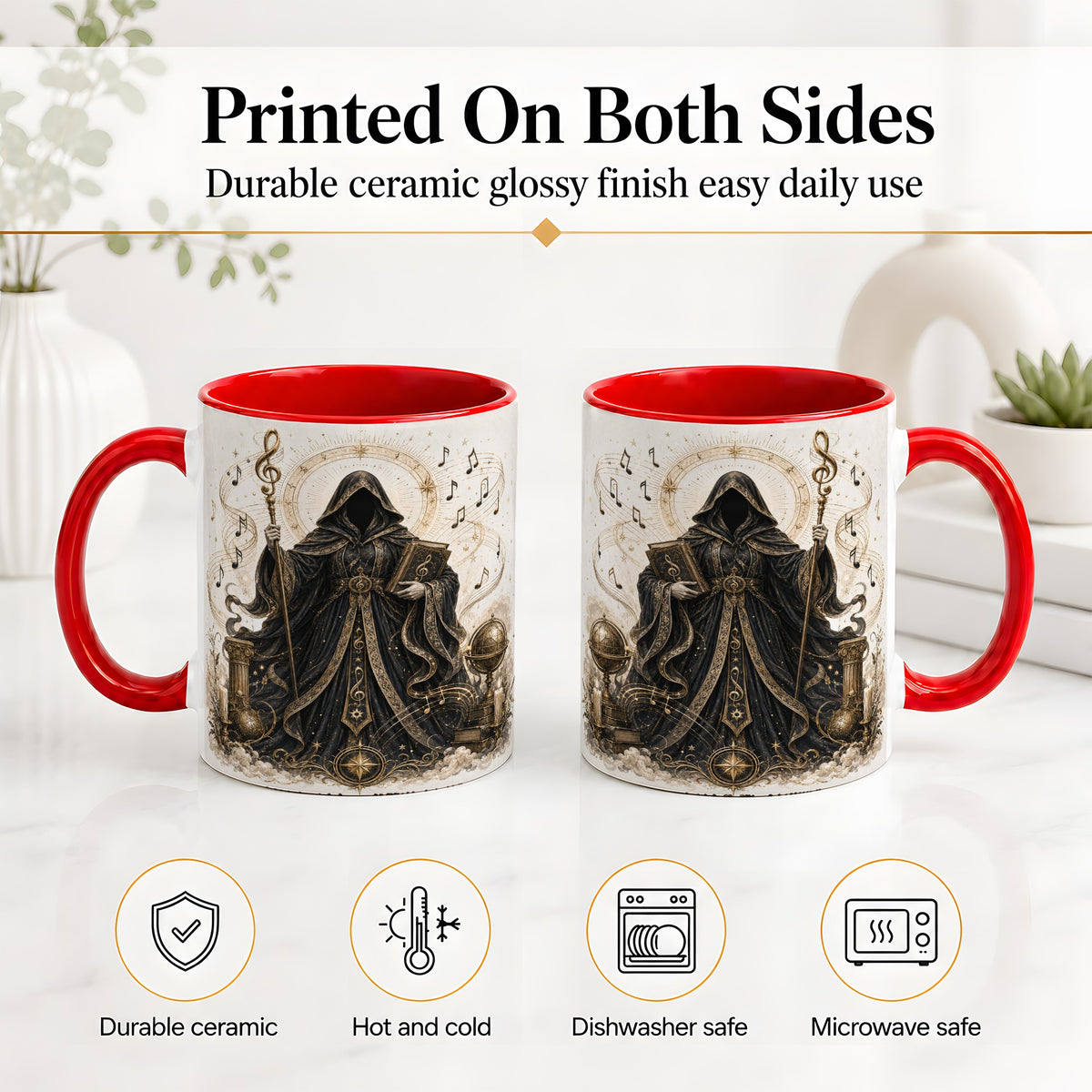 #pl[11oz|Red] Mystic Music Ceramic Coffee Cup, Mug with Hooded Figure Artwork