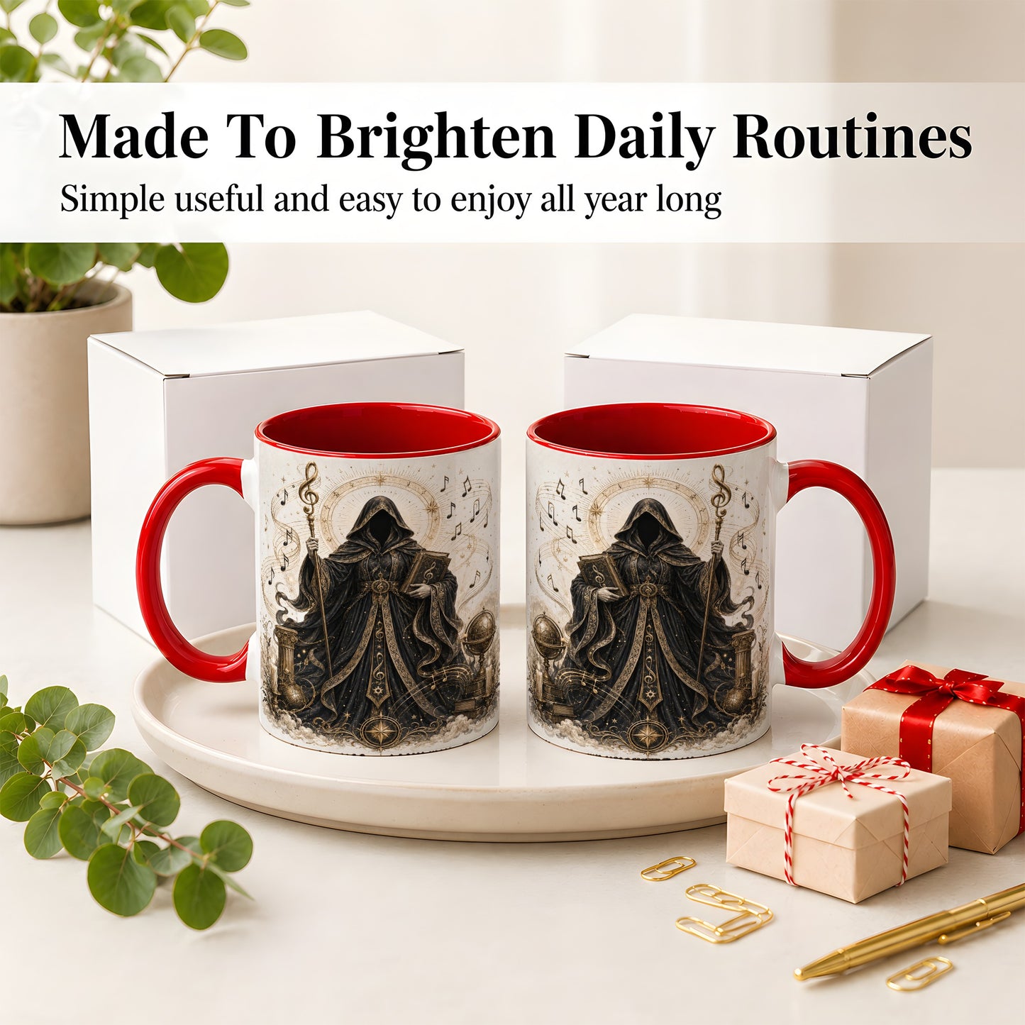 #pl[11oz|Red] Mystic Music Ceramic Coffee Cup, Mug with Hooded Figure Artwork