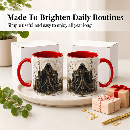 #pl[11oz|Red] Mystic Music Ceramic Coffee Cup, Mug with Hooded Figure Artwork