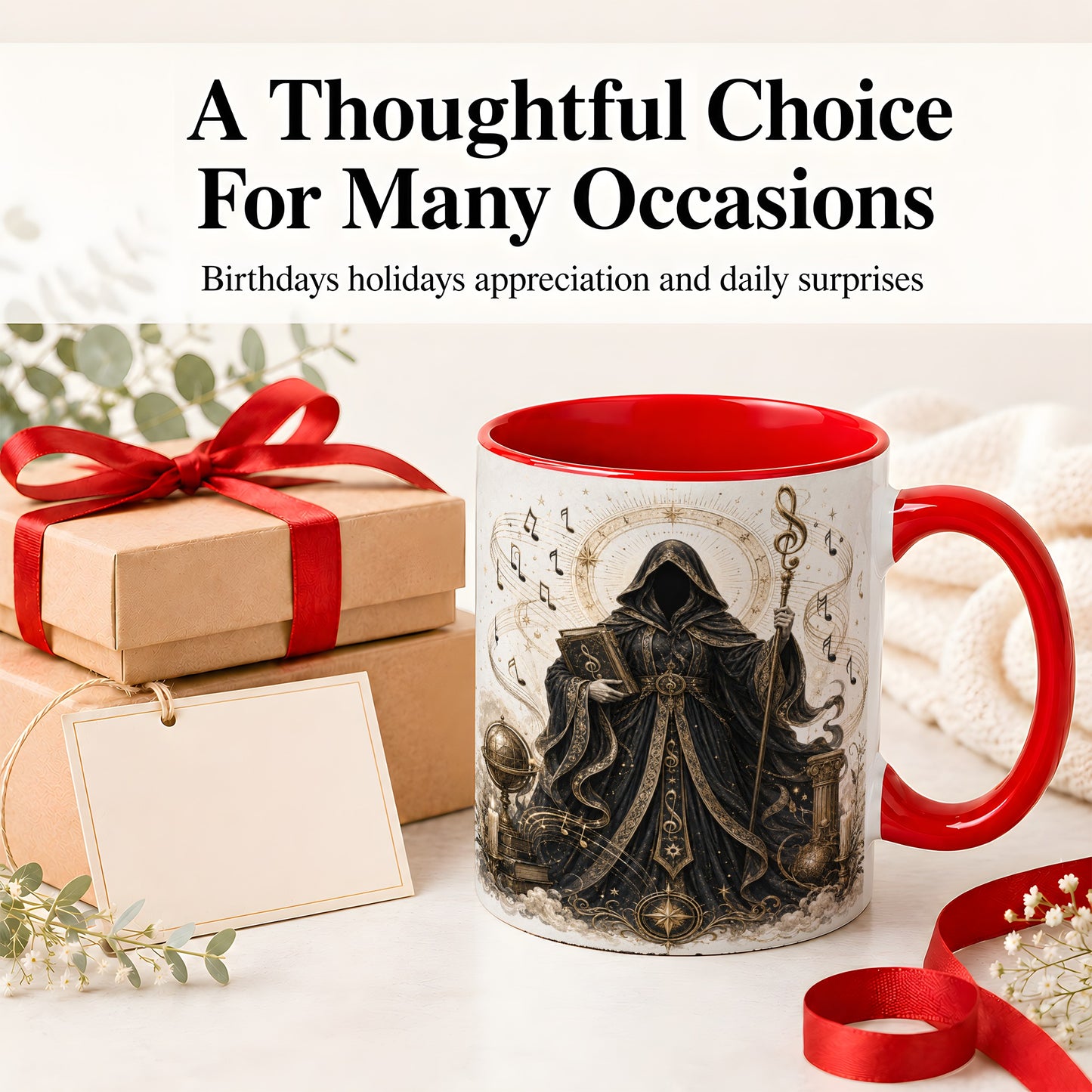 #pl[11oz|Red] Mystic Music Ceramic Coffee Cup, Mug with Hooded Figure Artwork