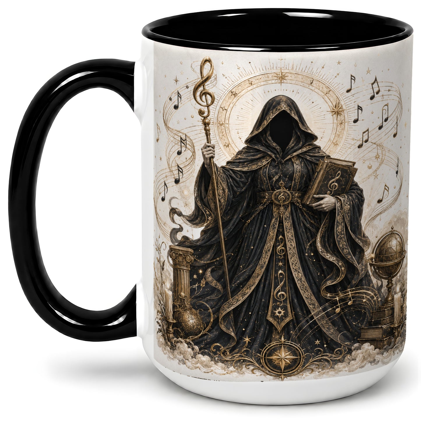 #pl[15oz|Black] Mystic Music Ceramic Coffee Cup, Mug with Hooded Figure Artwork