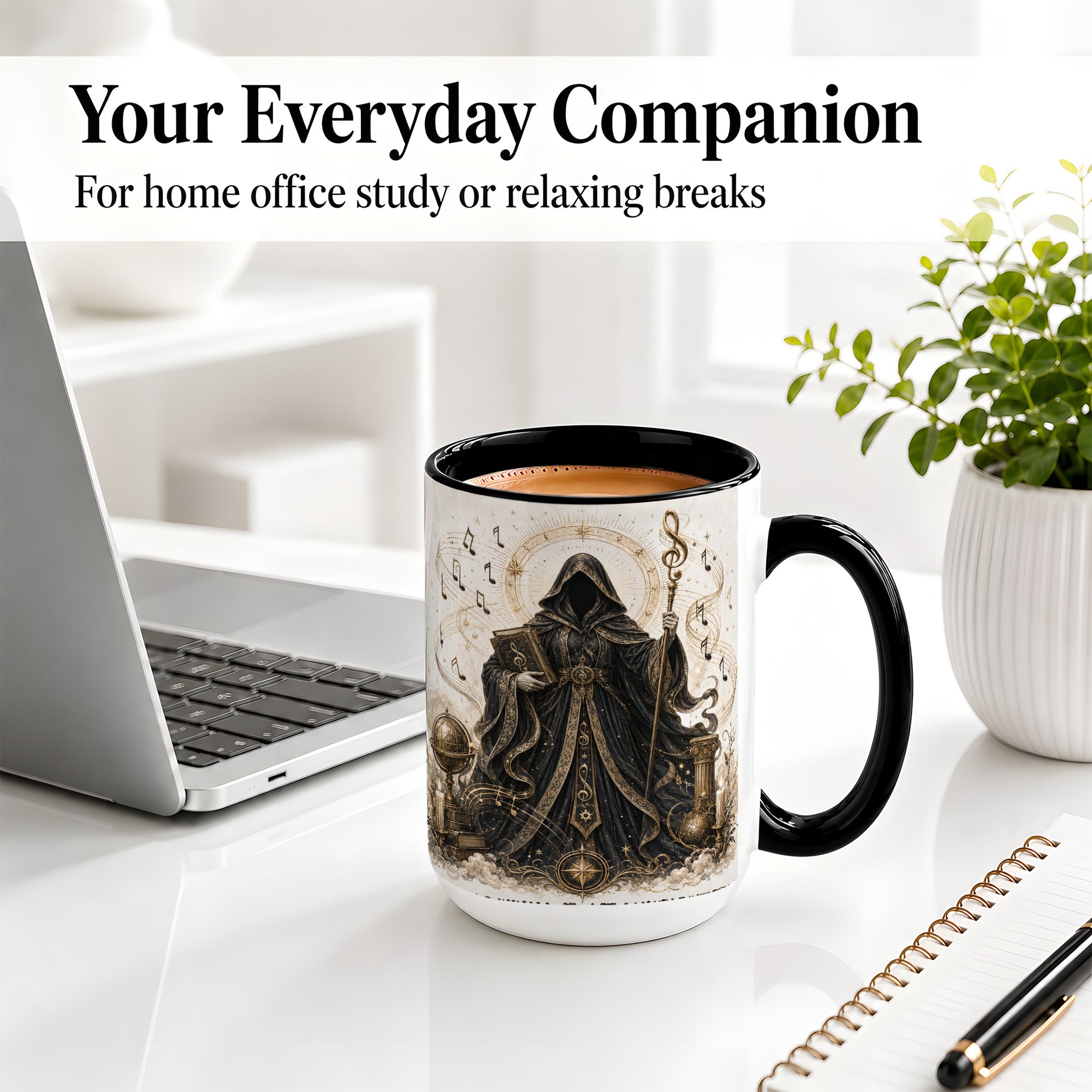 #pl[15oz|Black] Mystic Music Ceramic Coffee Cup, Mug with Hooded Figure Artwork