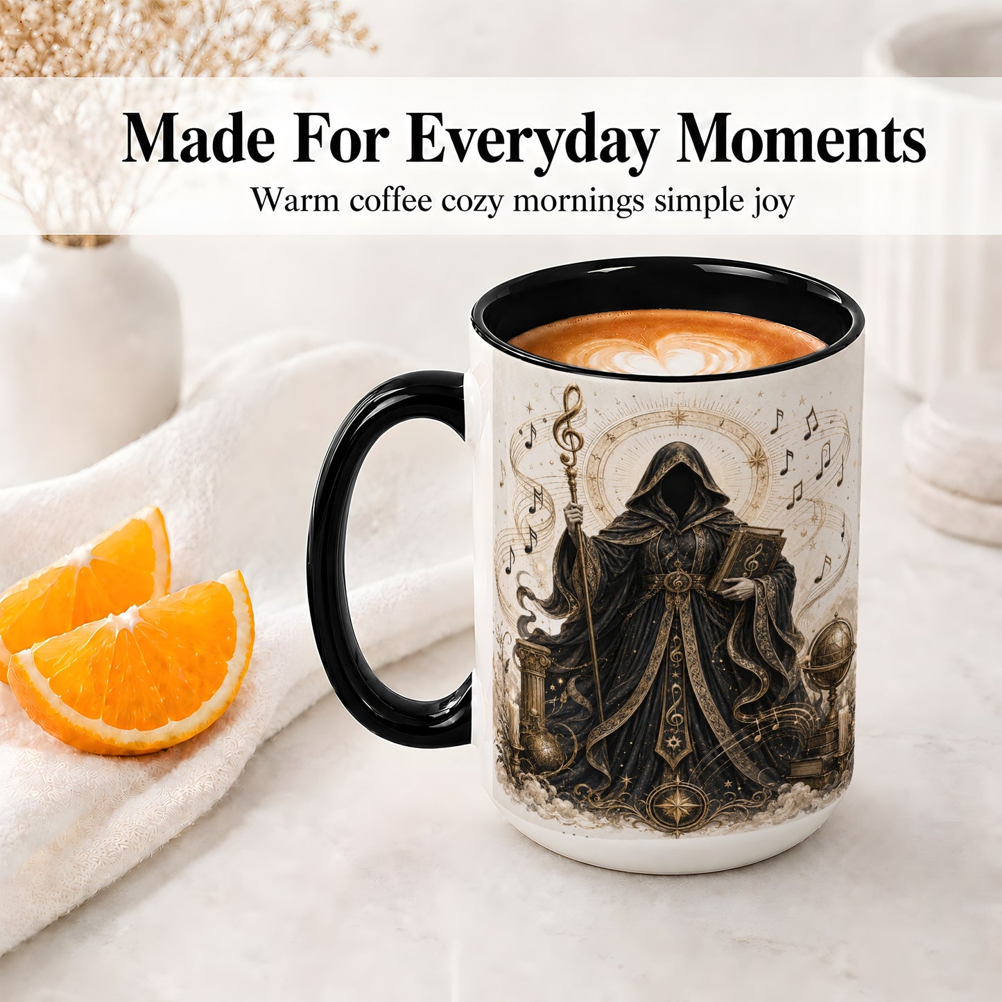 #pl[15oz|Black] Mystic Music Ceramic Coffee Cup, Mug with Hooded Figure Artwork