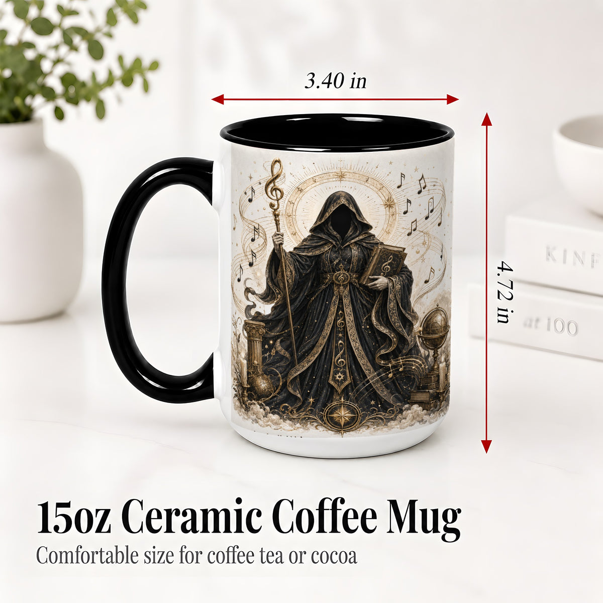 #pl[15oz|Black] Mystic Music Ceramic Coffee Cup, Mug with Hooded Figure Artwork