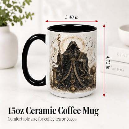 #pl[15oz|Black] Mystic Music Ceramic Coffee Cup, Mug with Hooded Figure Artwork