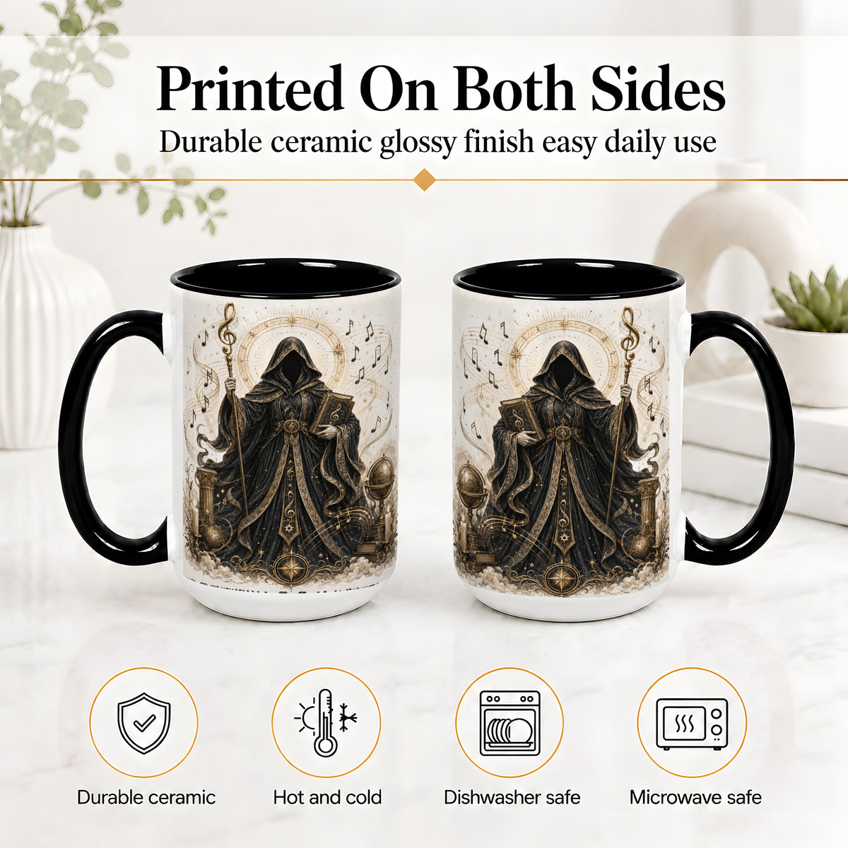 #pl[15oz|Black] Mystic Music Ceramic Coffee Cup, Mug with Hooded Figure Artwork