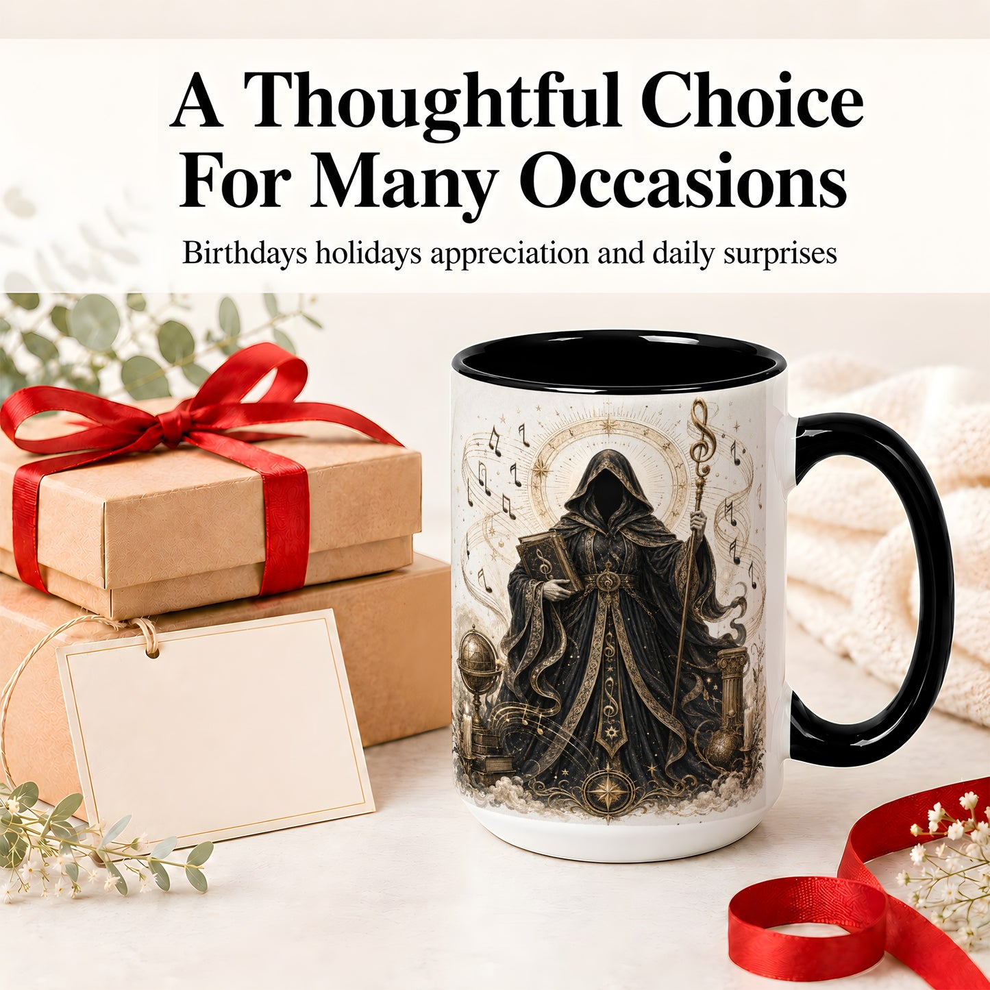 #pl[15oz|Black] Mystic Music Ceramic Coffee Cup, Mug with Hooded Figure Artwork