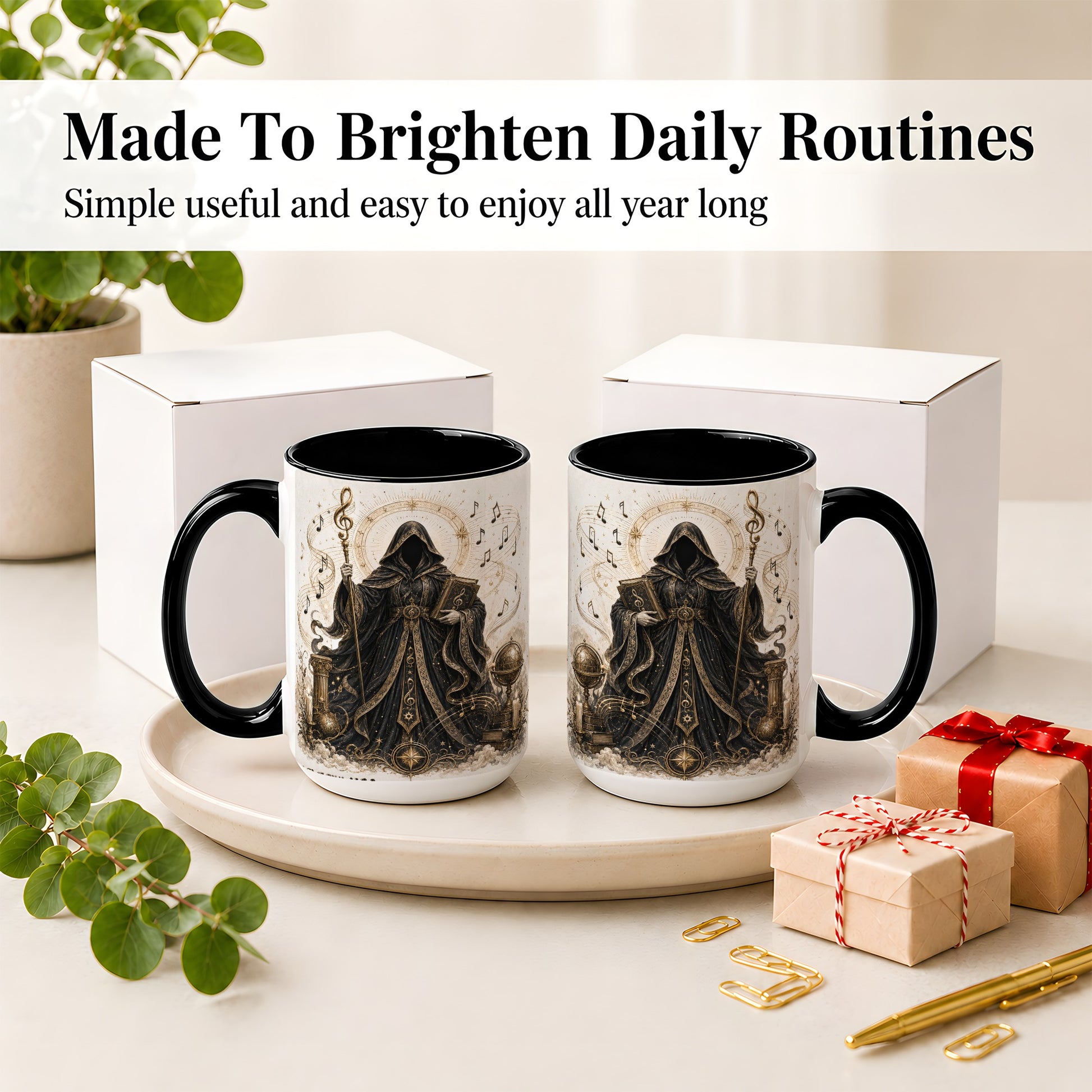 #pl[15oz|Black] Mystic Music Ceramic Coffee Cup, Mug with Hooded Figure Artwork