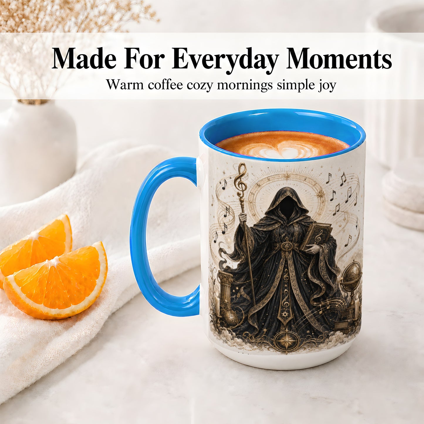 #pl[15oz|Blue] Mystic Music Ceramic Coffee Cup, Mug with Hooded Figure Artwork