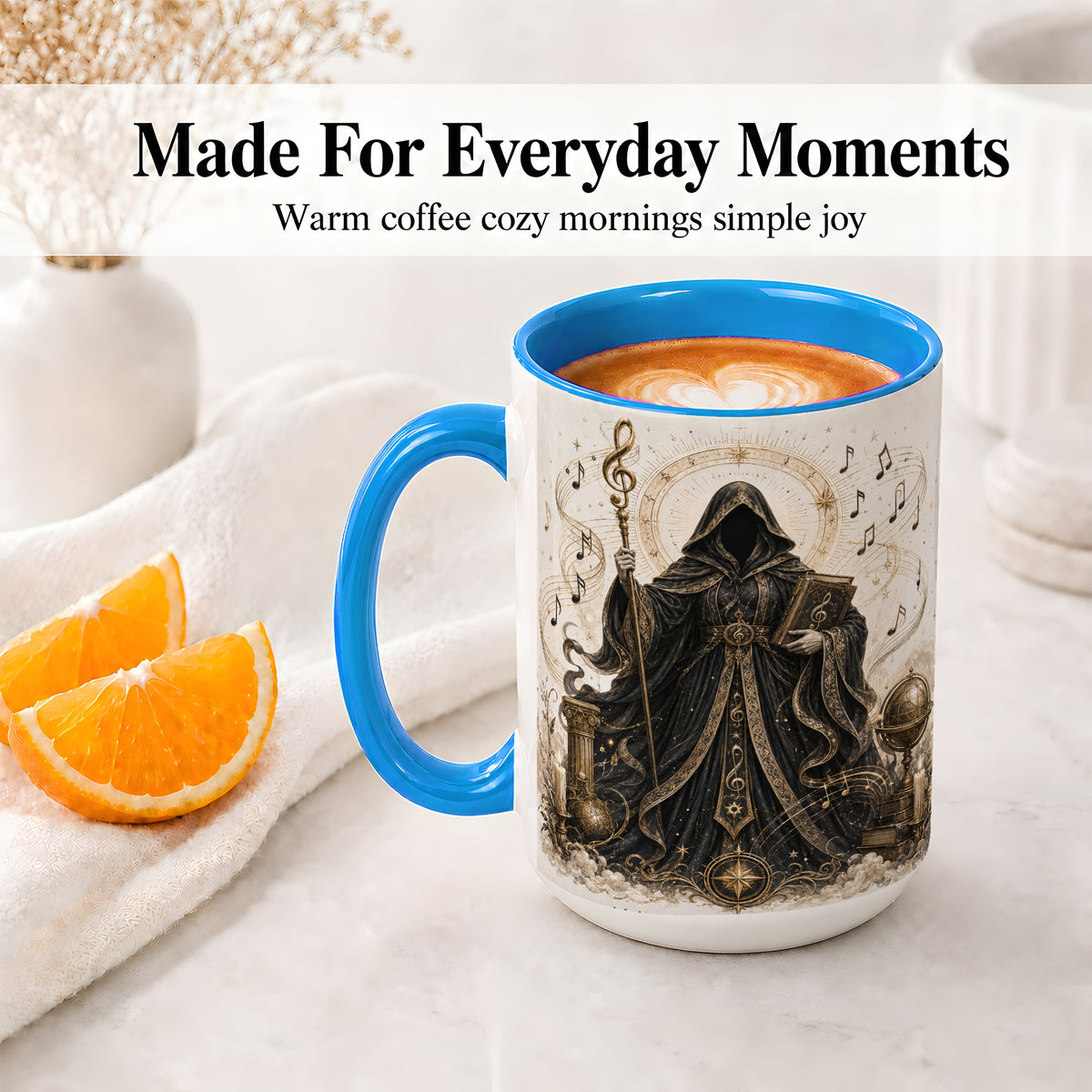 #pl[15oz|Blue] Mystic Music Ceramic Coffee Cup, Mug with Hooded Figure Artwork