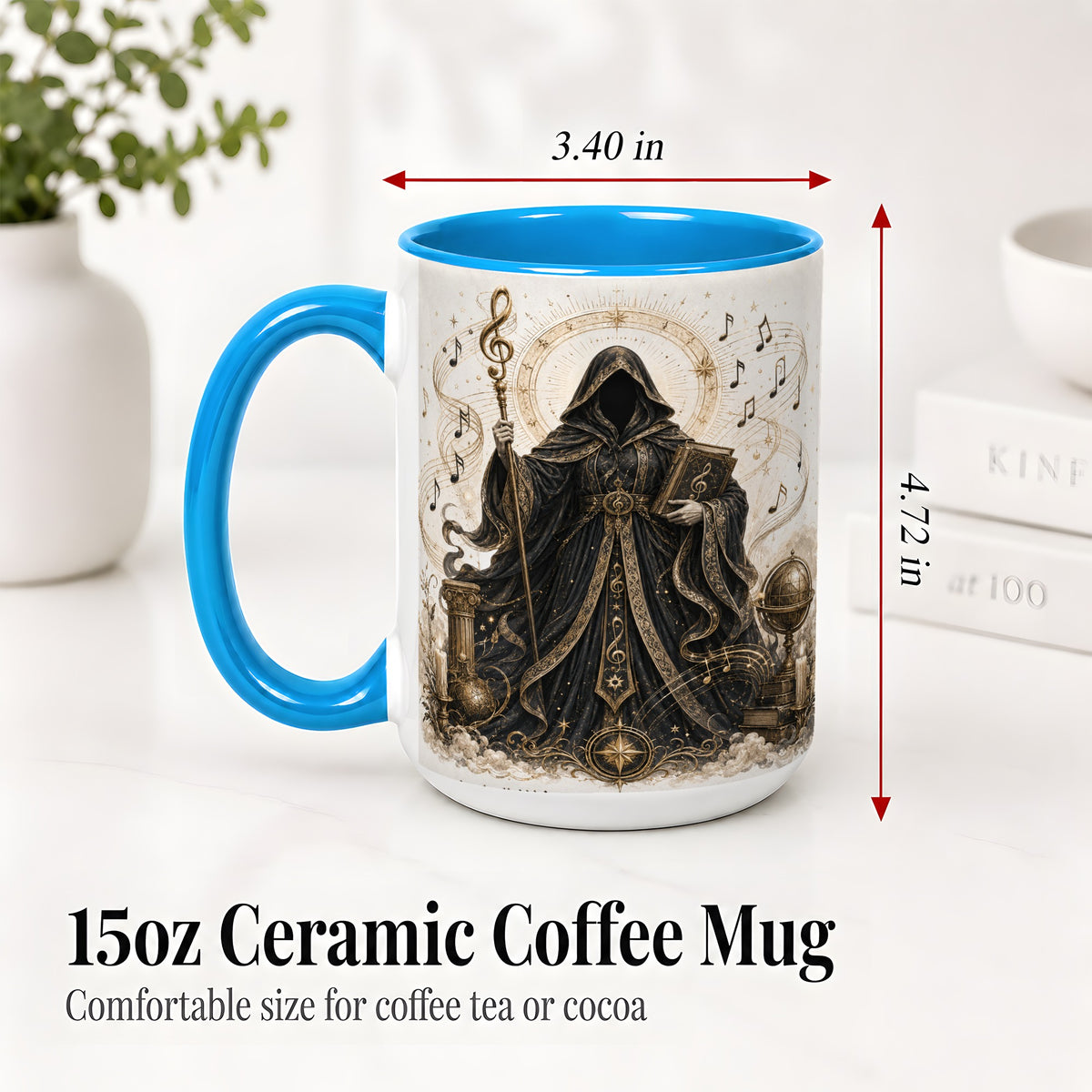 #pl[15oz|Blue] Mystic Music Ceramic Coffee Cup, Mug with Hooded Figure Artwork