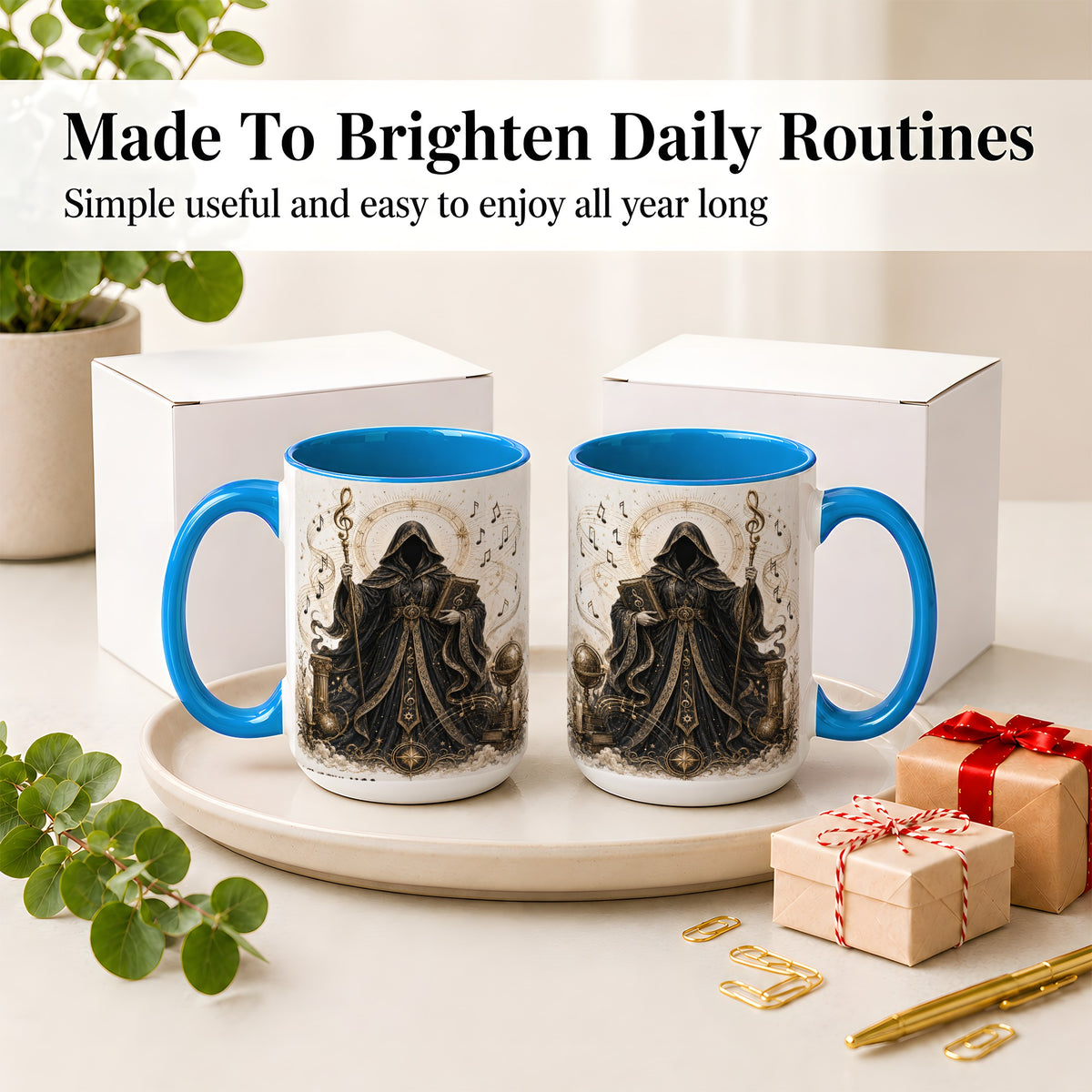 #pl[15oz|Blue] Mystic Music Ceramic Coffee Cup, Mug with Hooded Figure Artwork