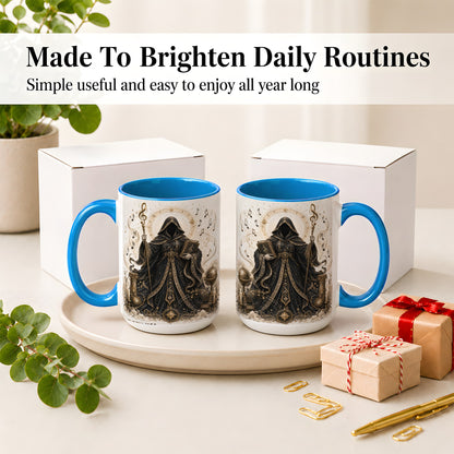 #pl[15oz|Blue] Mystic Music Ceramic Coffee Cup, Mug with Hooded Figure Artwork