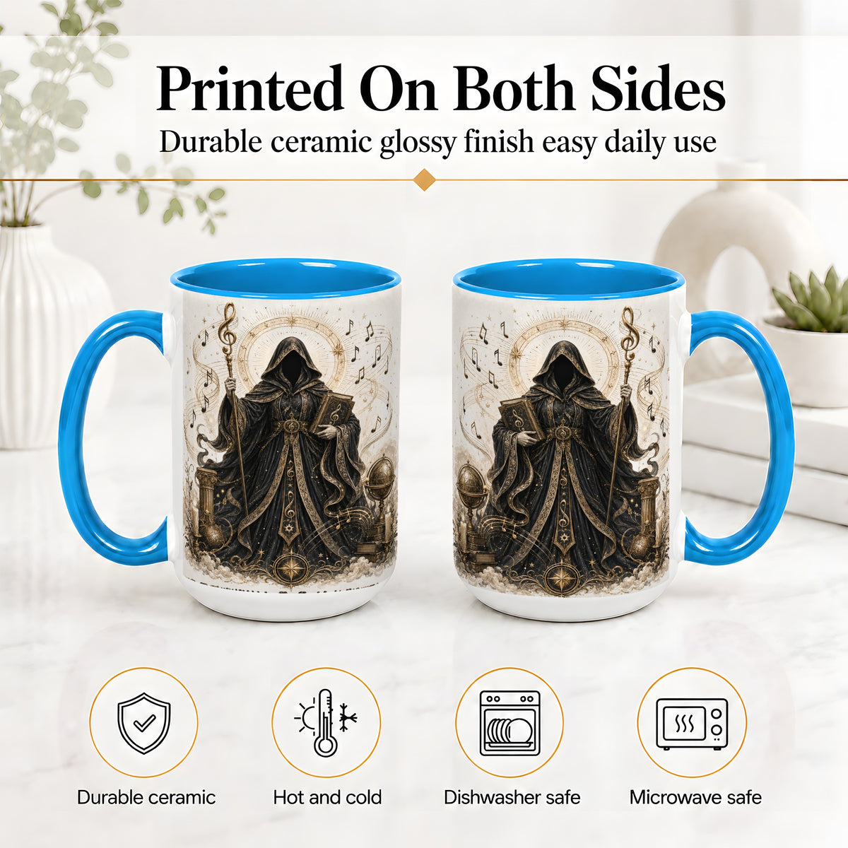 #pl[15oz|Blue] Mystic Music Ceramic Coffee Cup, Mug with Hooded Figure Artwork