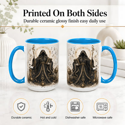 #pl[15oz|Blue] Mystic Music Ceramic Coffee Cup, Mug with Hooded Figure Artwork
