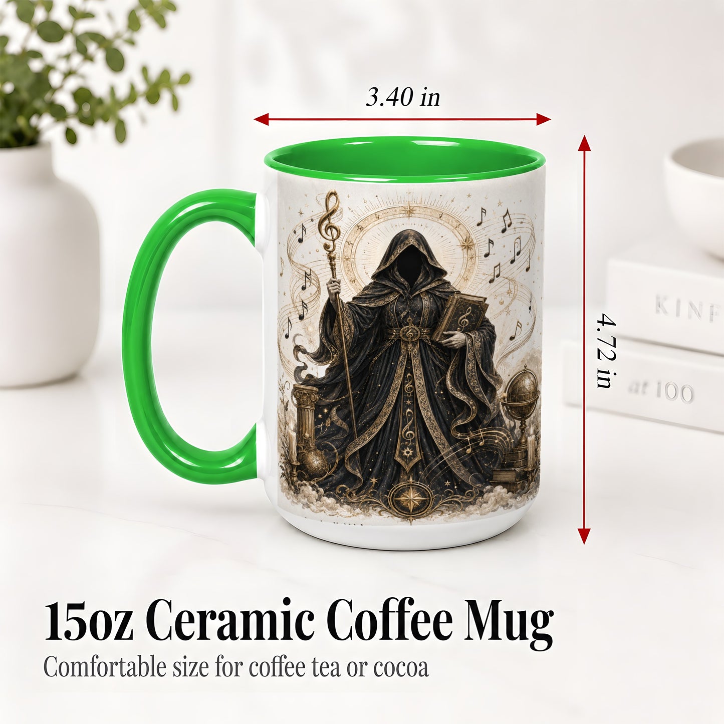 #pl[15oz|Green] Mystic Music Ceramic Coffee Cup, Mug with Hooded Figure Artwork