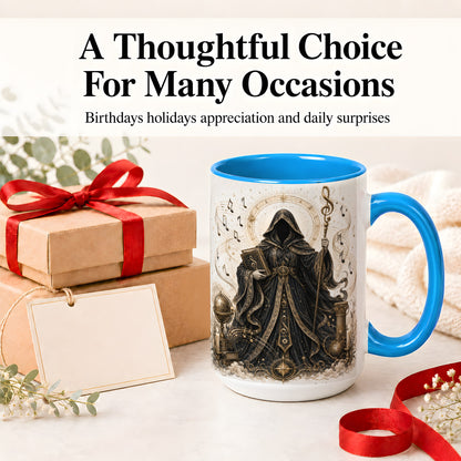 #pl[15oz|Blue] Mystic Music Ceramic Coffee Cup, Mug with Hooded Figure Artwork