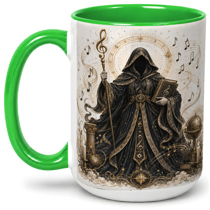 #pl[15oz|Green] Mystic Music Ceramic Coffee Cup, Mug with Hooded Figure Artwork