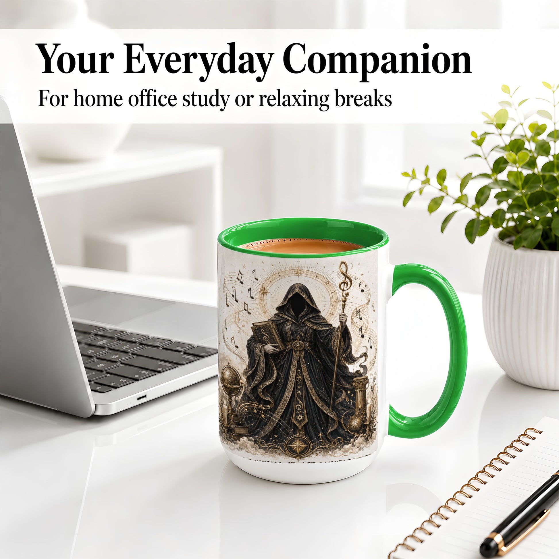 #pl[15oz|Green] Mystic Music Ceramic Coffee Cup, Mug with Hooded Figure Artwork