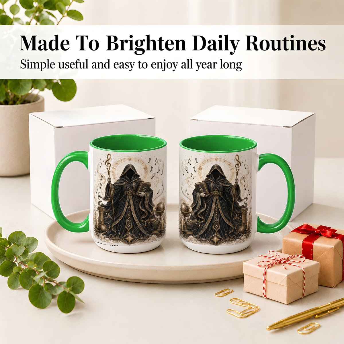#pl[15oz|Green] Mystic Music Ceramic Coffee Cup, Mug with Hooded Figure Artwork
