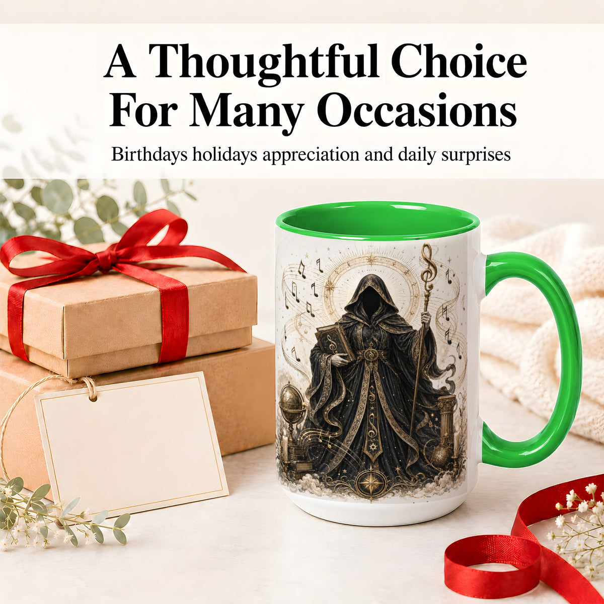 #pl[15oz|Green] Mystic Music Ceramic Coffee Cup, Mug with Hooded Figure Artwork