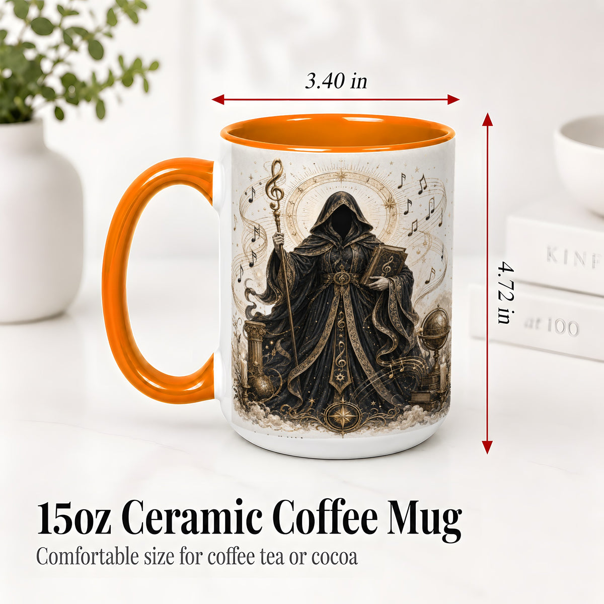 #pl[15oz|Orange] Mystic Music Ceramic Coffee Cup, Mug with Hooded Figure Artwork