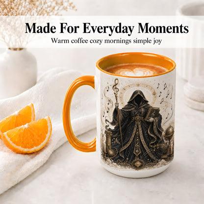 #pl[15oz|Orange] Mystic Music Ceramic Coffee Cup, Mug with Hooded Figure Artwork