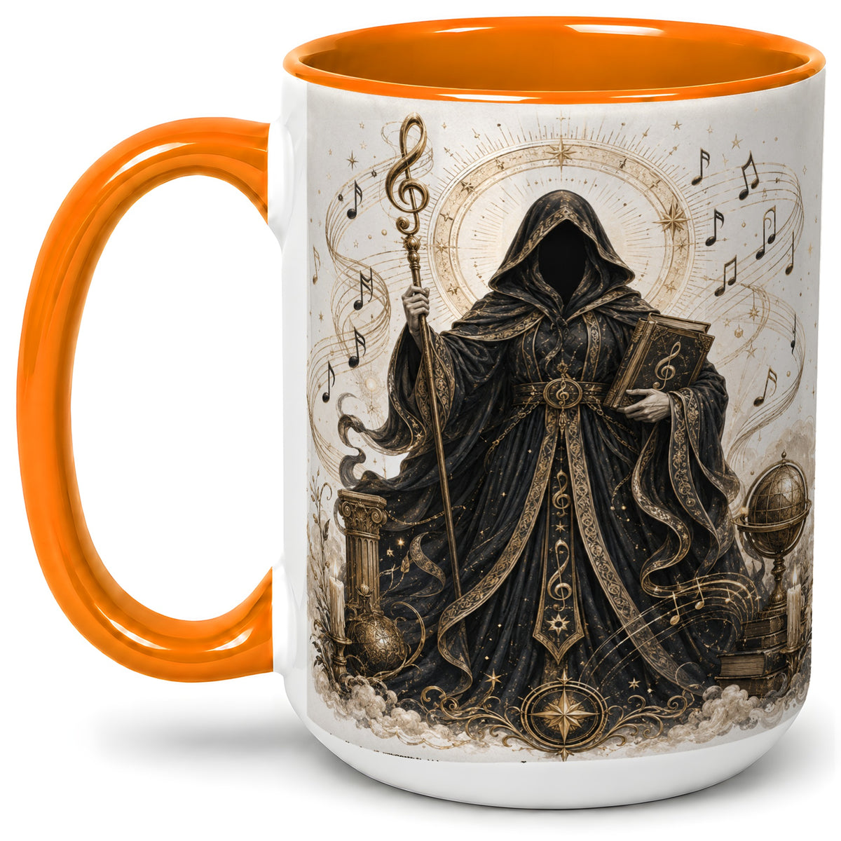 #pl[15oz|Orange] Mystic Music Ceramic Coffee Cup, Mug with Hooded Figure Artwork