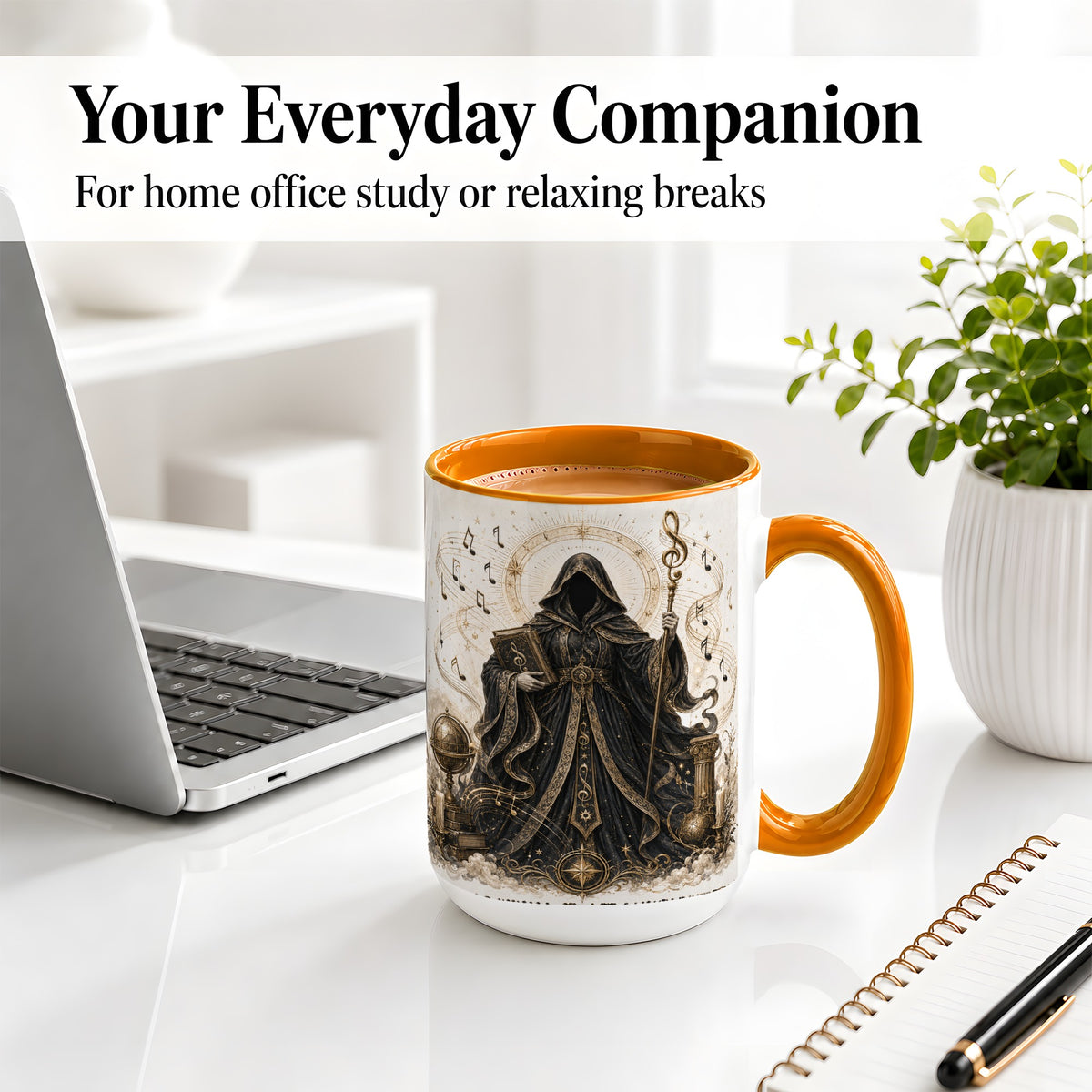 #pl[15oz|Orange] Mystic Music Ceramic Coffee Cup, Mug with Hooded Figure Artwork