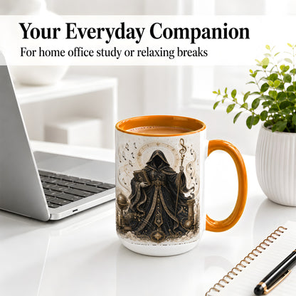 #pl[15oz|Orange] Mystic Music Ceramic Coffee Cup, Mug with Hooded Figure Artwork