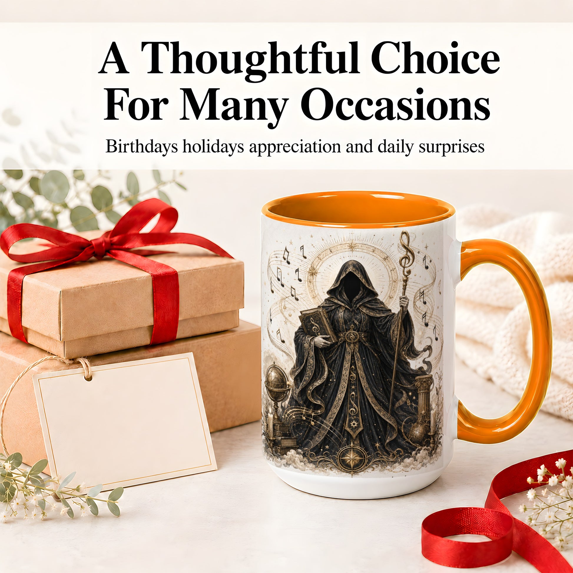 #pl[15oz|Orange] Mystic Music Ceramic Coffee Cup, Mug with Hooded Figure Artwork