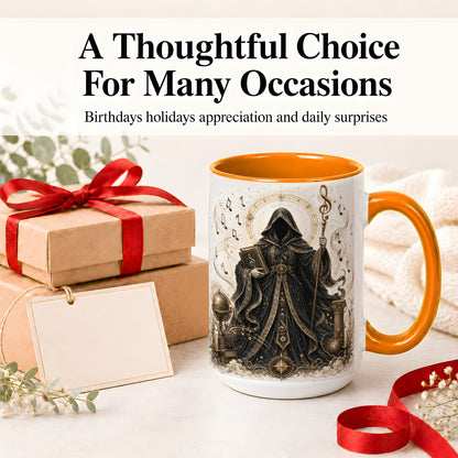 #pl[15oz|Orange] Mystic Music Ceramic Coffee Cup, Mug with Hooded Figure Artwork
