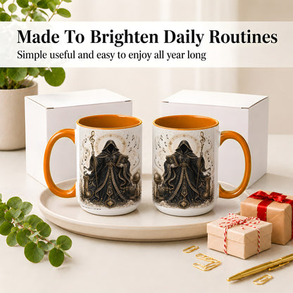 #pl[15oz|Orange] Mystic Music Ceramic Coffee Cup, Mug with Hooded Figure Artwork