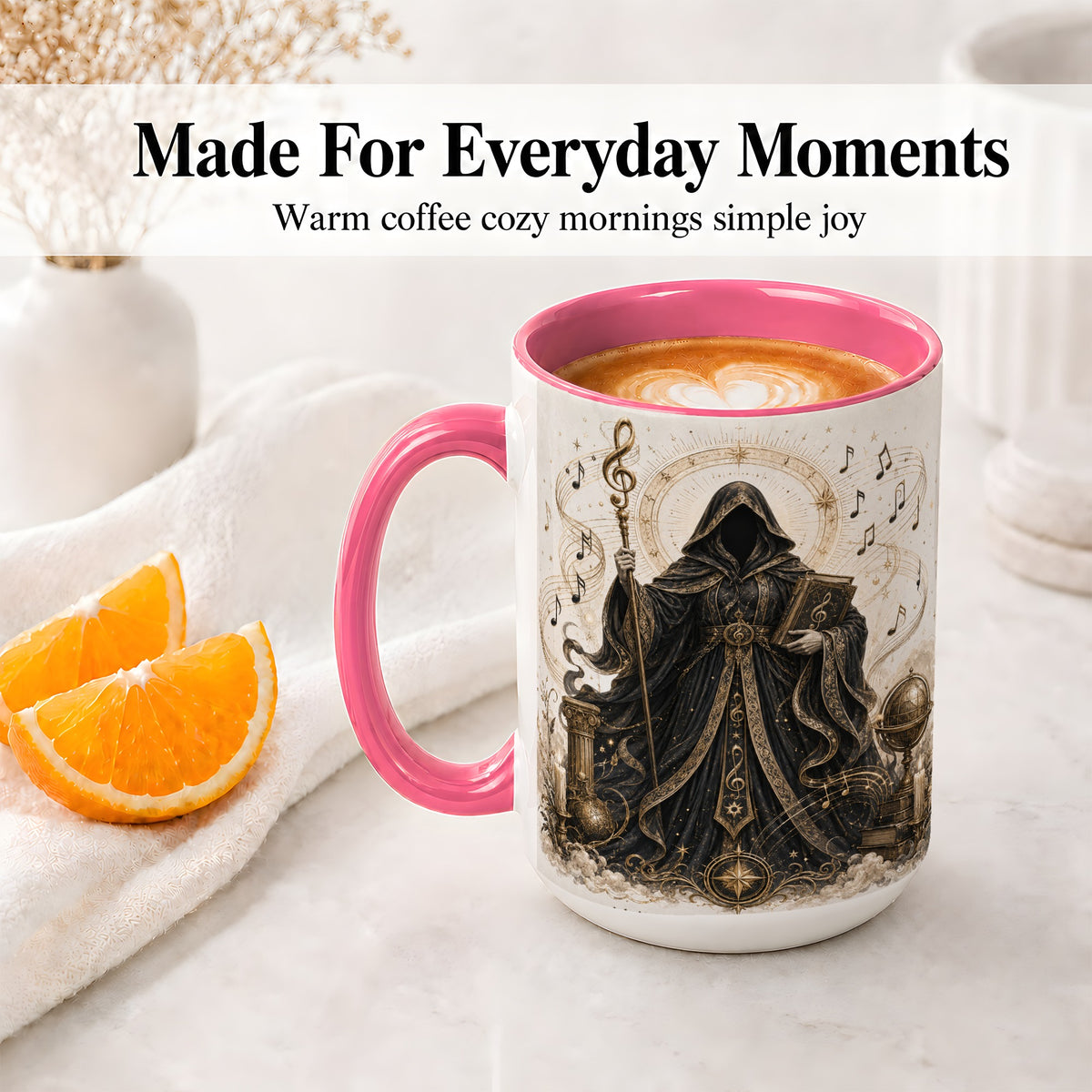 #pl[15oz|Pink] Mystic Music Ceramic Coffee Cup, Mug with Hooded Figure Artwork
