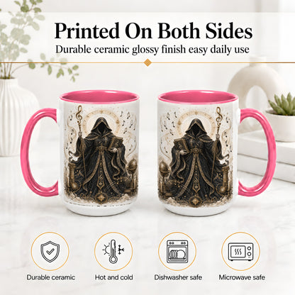 #pl[15oz|Pink] Mystic Music Ceramic Coffee Cup, Mug with Hooded Figure Artwork
