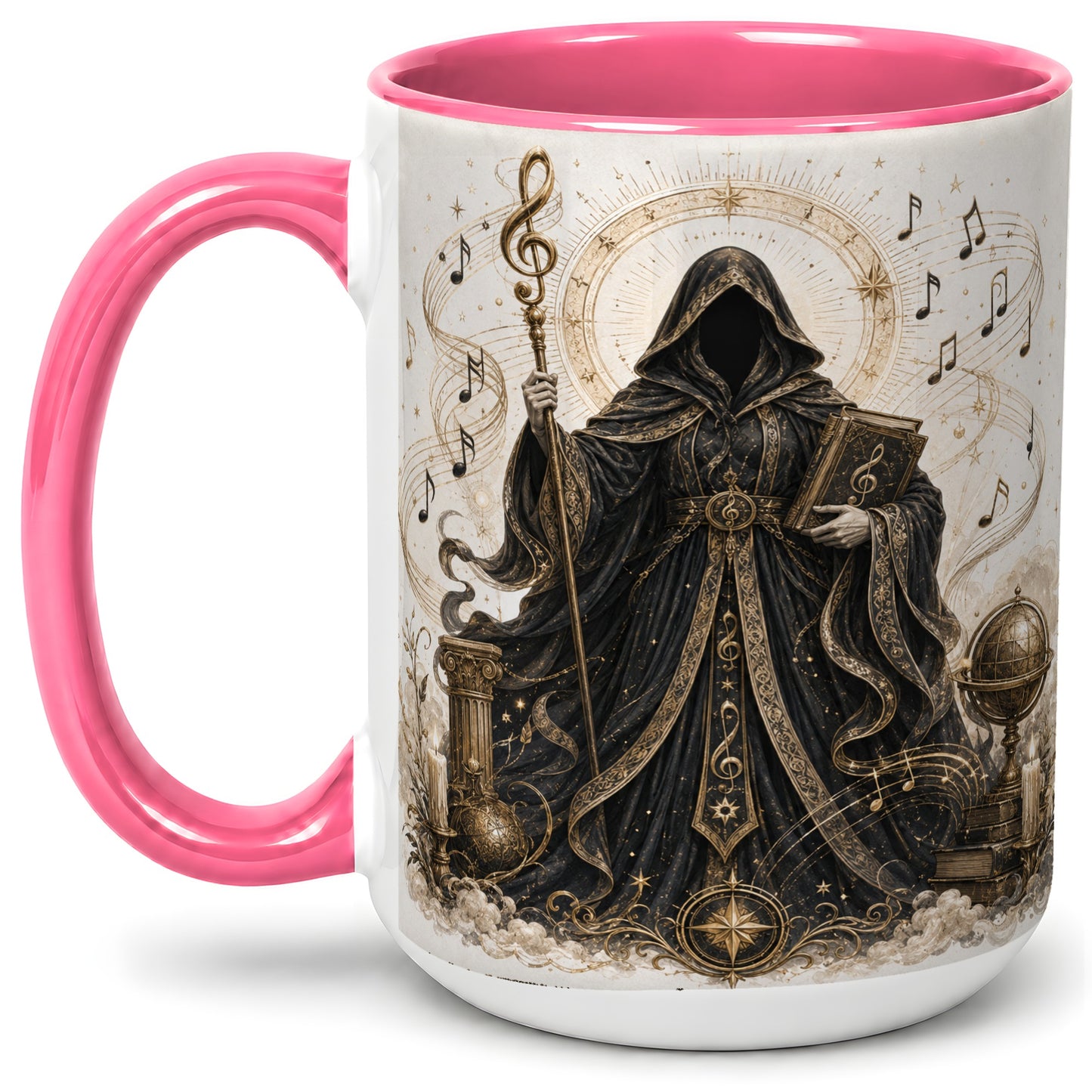 #pl[15oz|Pink] Mystic Music Ceramic Coffee Cup, Mug with Hooded Figure Artwork