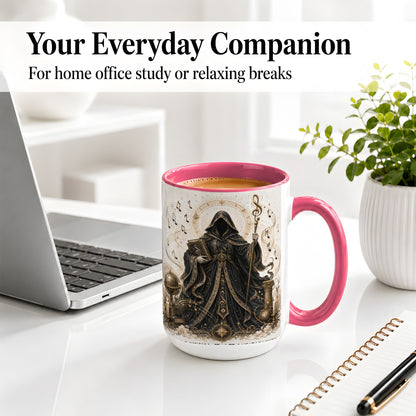 #pl[15oz|Pink] Mystic Music Ceramic Coffee Cup, Mug with Hooded Figure Artwork