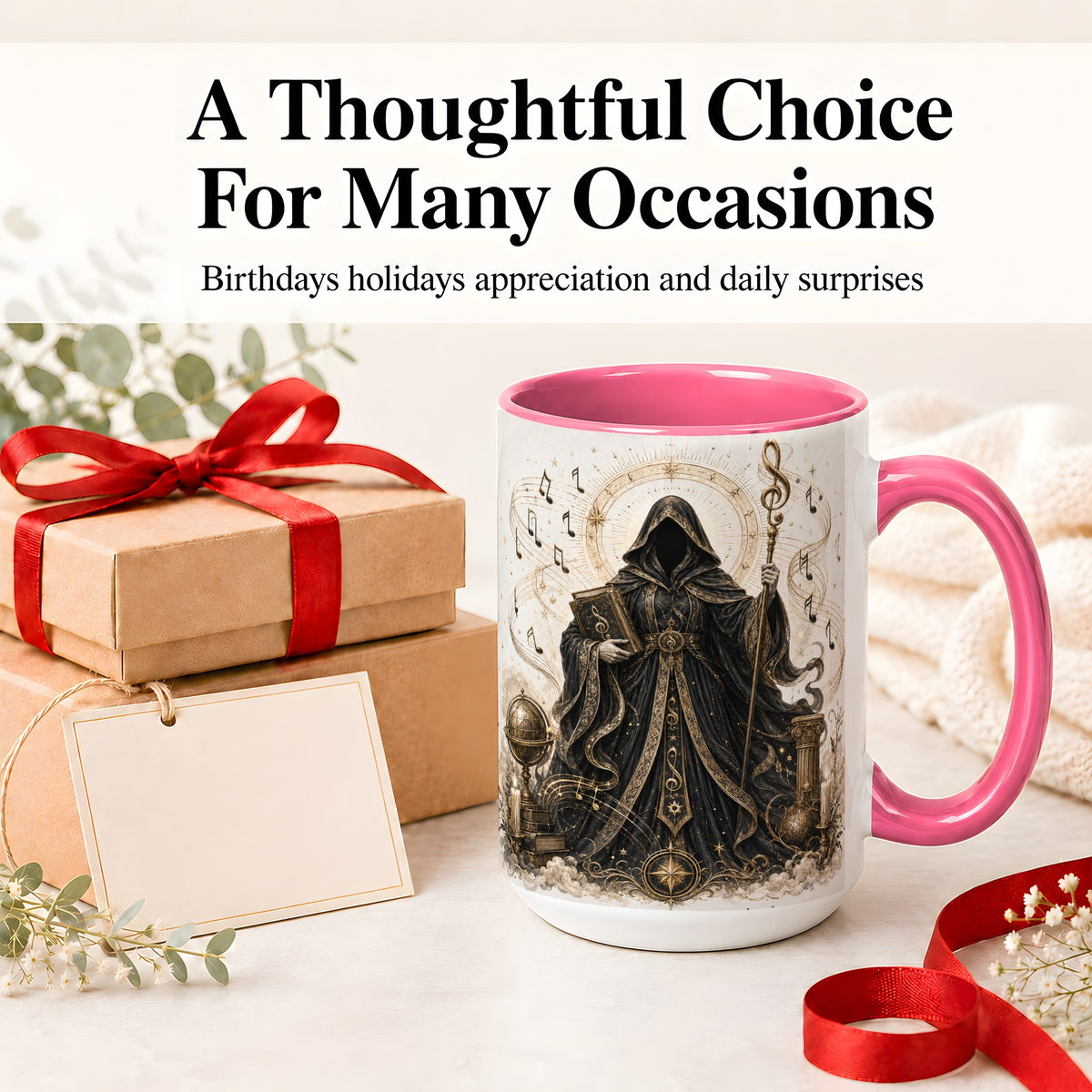 #pl[15oz|Pink] Mystic Music Ceramic Coffee Cup, Mug with Hooded Figure Artwork